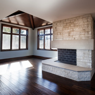 White Italian Villa family room fireplace