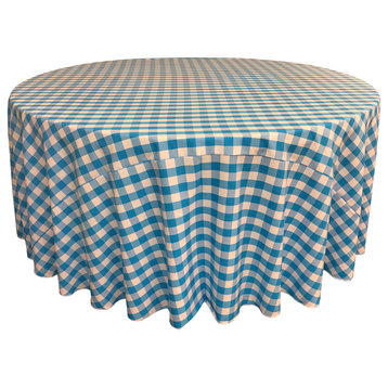 LA Linen Round Gingham Checkered Tablecloth, White and Turquoise, 108" Round