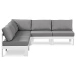 Meridian Furniture - Nizuc Water Resistant Patio L-Shaped Modular Sectional, Gray, 5-Piece: 4 Armless Chair, 1 Corner Chair, White Aluminum Frame - Pick and choose your favorites from the Nizuc collection to create a modular seating group the whole gang will enjoy. The sturdy aluminum frame provides dependable support for friends and family as they relax and unwind, and the resilient grey water resistant fabric stands up to the elements without losing its beautiful demeanor, so you can count on it lasting for the long haul. Latches beneath these seating pieces help you easily attach them to one another for convenient setup.