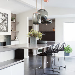 Ispirazione per una sala da pranzo aperta verso la cucina moderna di medie dimensioni con pareti bianche, pavimento in gres porcellanato, camino ad angolo, cornice del camino in metallo, pavimento grigio, soffitto a volta e pannellatura
