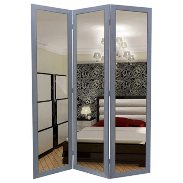 Benzara BM26591 3 Panel Wooden Foldable Mirror Room Divider, Light Gray & Silver