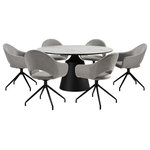 Armen Living - Knox Pria 7 Piece Dining Set With Stone Top and Gray Fabric Chairs - Enjoy an intimate meal or host a dinner party with the Knox Pria 7 Piece Dining Set with Stone Top and Gray Fabric Chairs from Armen Living. This set includes 1 Knox dining table, and 6 Pria swivel dining chairs. Streamlining the iconic mid-century modern silhouette, this dining chair presents the perfect blend of style and functionality. It features beautifully curved and seamlessly flowing back and arms. Finished off with a sleek cut-out, the chair attains a sculptural presence in any room. It is completed with pyramid-shaped black metal legs to serve as a sturdy and stylish addition to any room. The curved back and armrest of the chair are generously padded to envelope you in comfort. A cushioned seat offers a comfy stay, long after the meal is over. From offering a comfortable dining experience in your kitchen, to serving as a comfy seat in your home office or as an accent chair in your living room, our chair remains a must-have for any modern or contemporary home. It includes a 180-degree swivel function to allow for maximum mobility and lingering conversations. The refined and distinctive silhouette of the dining table attains a statement-making appeal in any room. It features a perfectly rounded tabletop perched upon an eye-catching pedestal base. Its sintered stone tabletop depicts the graceful and natural textures of white marble to add a polished touch to your casual or formal meals. This tabletop is resistant to etching, scratches, burns, and stains as a durable yet elegant alternative to quartz. It is perched upon a black metal base to attain contrast and a versatile appeal. The round dining table can comfortably seat up to six individuals for enjoying meals in your kitchen, dining room, or living space. A 55" round shape allows the table to function as a natural hub for conversations. The Knox Pria dining set is available in 5 or 7 piece set configurations and features a white stone tabletop with black metal base and gray upholstered swivel chairs with black metal legs.