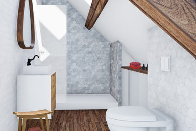 Idée de décoration pour une salle d'eau grise et blanche design en bois brun avec une douche à l'italienne, WC suspendus, un carrelage blanc, mosaïque, un mur blanc, un sol en bois brun, un plan vasque, un sol marron, du carrelage bicolore, meuble simple vasque, meuble-lavabo encastré et un plafond en bois.
