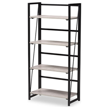 Industrial Light Gray Finished Wood And Black Metal 4-Tier Display Shelf