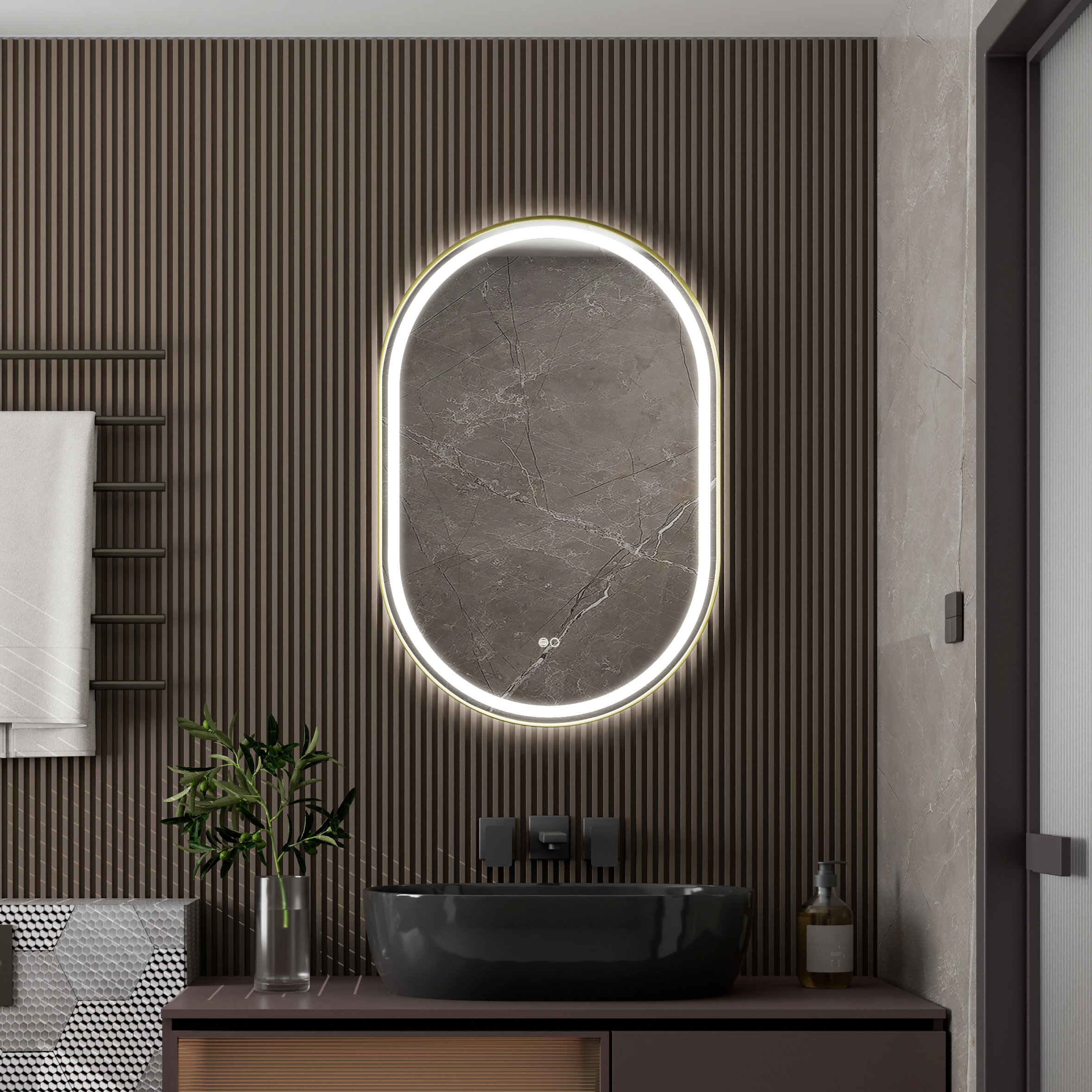 24" x 36" Framed LED Bathroom Mirror with Backlit in Gold, Defogger ...