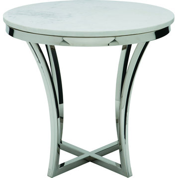 Nuevo Aurora Round Marble Top End Table in Silver and White