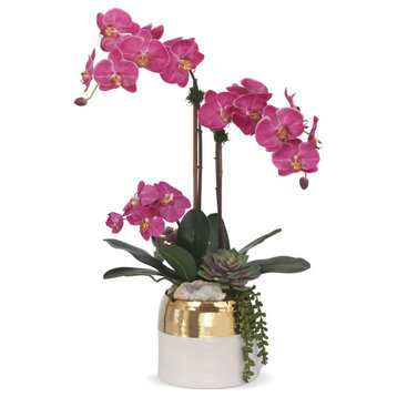 Fuchsia Orchids Arrangement, Round Ceramic Pot