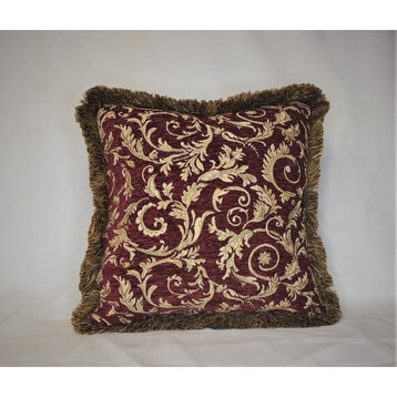 Burgundy and Gold Leaf Floral Chenille Pillow With Fringe, 17"x17"
