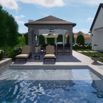 Modern Mediterranean Pool, Courtyard, Cabana, Fireplace - Toll Brothers