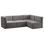 Meridian Furniture - Quincy Velvet Upholstered 4-Piece L-Shaped Modular Sectional, Grey - Show them all that less is more with the minimalist look of this Quincy velvet cloud-like comfort modular sectional. This elegant chair features a simple design that's all about comfort and modern style. The soft grey velvet upholstery is sleek to the touch, and the back of the unit features deep horizontal channel tufting for a look that wows. Because this is a modular seating option, you can pair it easily with other items in the Quincy collection to create a look you love. Latches underneath make it easy to mix and match items from the collection.