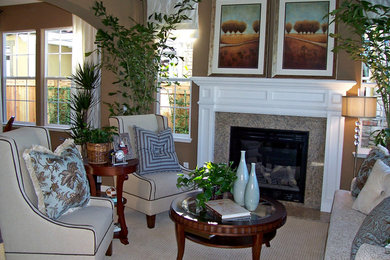 Mid-sized transitional formal and open concept carpeted living room photo in San Francisco with brown walls, a standard fireplace and a wood fireplace surround