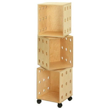 Modern Wood Stacking Cube Bookcase, Offi Perf Boxes, Birch