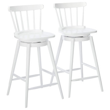 2 Pack Farmhouse Bar Stool, Swiveling Seat With Unique Spindle Backrest, White