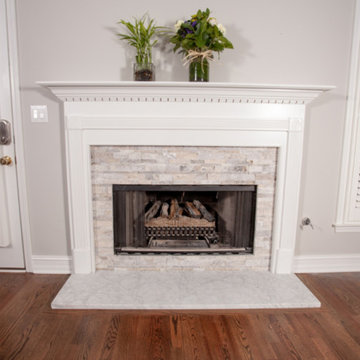 Whitewash Brick and Marble Fireplace