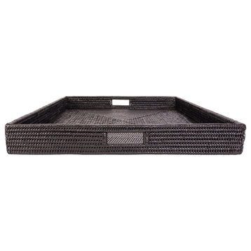 Artifacts Rattan Square Ottoman Tray With Cutout Handles, Tudor Black, 24"x24"