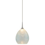 Bruck Lighting - Vibe, Pendant, LED, 4" Kiss Canopy, Matte Chrome With Glacier Glass Shade - Bruck's European and American Artisan, mouth-blown glass is known throughout the world for its quality and beauty. Several light source options, mounting options, colors and finishes allow for a unique design. Most of Bruck's mini-pendant glass allows for easy screw-on / screw-off for a simple installation. Standard cable length is 59". Overall cable length is measured and begins from uni-plug or top of mono-point. For the track adapters, overall cable length begins at the shoulder of the ECO/GEO adapter and the track center of the Zonyx adapter. Cable length measurement ends at the top of glass or to the mounting arms.