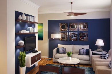 Inspiration for a modern enclosed light wood floor family room remodel in Miami with no fireplace, a wall-mounted tv and multicolored walls