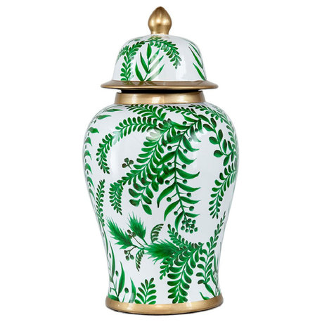 Leafy Decorative Jar or Canister, Green and Gold