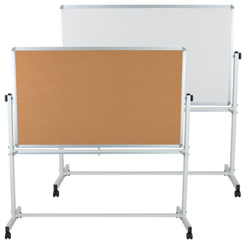 62.5"W x 62.25"H Reversible Mobile Cork Bulletin Board and White Board