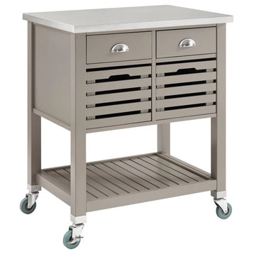 Transitional Kitchen Cart, Slatted Baskets & 2 Drawers With Curved Handles, Gray