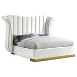 Meridian Furniture - Flora Black Velvet Bed, White, King - Make a dramatic statement while creating contemporary flair in the bedroom with this breathtaking Flora white velvet king bed. Featuring a gold metal base upholstered with rich whie velvet with gold nailhead accents and channel tufting along the headboard, this gallant bed is sure to command the attention of anyone who enters your bedroom chamber. Its contemporary wing-back design adds a regal presence to your sleeping space, while its generous size ensures you sleep like a king.