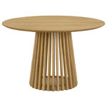 Armen Living - Pasadena 47" Wood Round Dining Table, Natural Oak Finish - Introducing the Pasadena 47-inch Wood Round Dining Table, a chic and versatile addition that effortlessly blends style and functionality into your indoor living spaces. Finished in a sophisticated Natural Oak, this contemporary dining table is designed to make a statement in both dining rooms and kitchens. Crafted with meticulous attention to detail, the round shape of the table adds a touch of modern elegance to any space. The compact 47-inch size makes it an ideal choice for those seeking a small dining table without compromising on style. Its versatility extends beyond the dining room, seamlessly integrating into kitchens as a modern kitchen table. The Natural Oak finish not only adds a layer of refinement but also ensures that this dining room table complements a variety of interior styles. The rich color enhances the contemporary aesthetic, creating a focal point that invites gathering and conversation. Perfect for intimate dinners or casual family meals, the Pasadena dining table is designed for those who appreciate a blend of form and function. The thoughtfully crafted piece is a testament to modern living, where style meets practicality in a seamless fusion. Elevate your dining experience with the Pasadena 47" Wood Round Dining Table, where contemporary design and a compact footprint come together to enhance your indoor spaces. The Pasadena Dining Table is also available in an black base with Walnut Veneer top or all black finish, and all three color options are available as 79-inch oval tables.