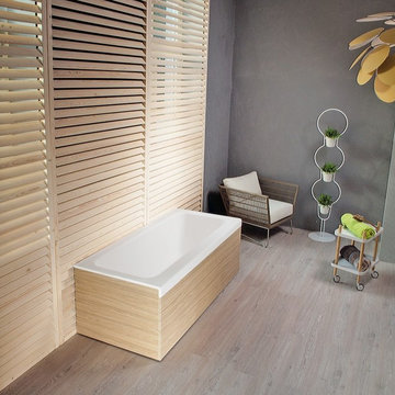 Pure 1L by Aquatica Back To Wall Stone Bathtub with Light Decorative Wooden Side
