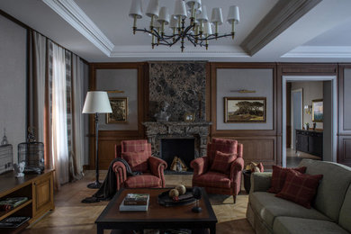 Пример оригинального дизайна: большая гостиная комната в классическом стиле с зоной отдыха