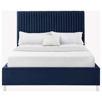 Inspired Home Shemar Bed, Velvet Upholstered Deep Channel Tufted, Navy, King