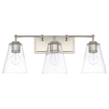3-Light Vanity, Polished Nickel, Clear Seeded Glass