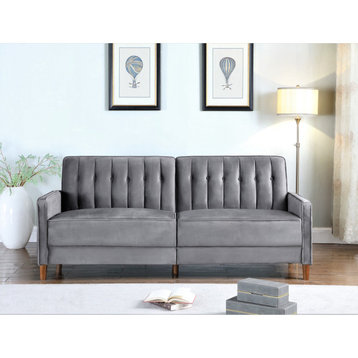 Mid Century Futon, Velvet Seat With Channeled Button Tufted Backrest, Gray