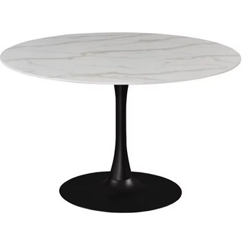 Contemporary Dining Table, Matte Black Metal Base & Round Faux Marble Top, 48"