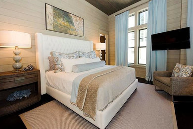 Bedroom - mid-sized contemporary guest dark wood floor bedroom idea in Miami with beige walls