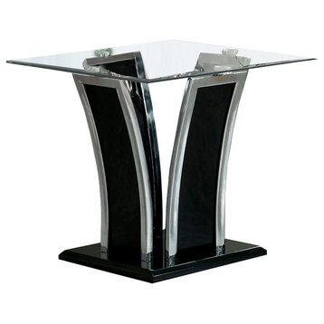 Chrome Trim Flared Base End Table With Glass Top, Black And Silver