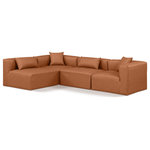Meridian Furniture - Cube Upholstered Modular Sectional, Cognac, 4-Piece: 2 Armless Chair, 2 Corner Chair, Vegan Leather - Elevate your space with the luxurious Cube Vegan Leather Modular Sectional. This modular sectional exudes modern elegance, charm, and comfort making it a perfect addition to any contemporary living space. Its clean lines and cube shape are reminiscent of minimalist design, while the plush cognac vegan leather upholstery adds a touch of luxury and sophistication. The chair's versatile construction and geometric aesthetic seamlessly integrate into various design styles, from sleek living rooms to chic home offices, embodying the essence of modern design and creating a sense of order and tranquility in your space.