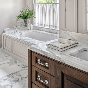 Calacatta Gold Honed Marble Tub Deck and Vanity with Elite Edges