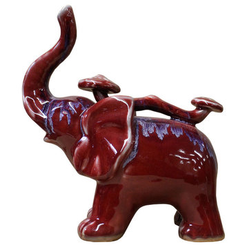 Red Purple Glaze Ceramic Long Up Trunk Elephant Figure
