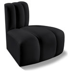 Meridian Furniture - Arc Upholstered Modular Component, Black, 1-Piece: Reverse Corner, Vegan Leather - Unleash modern opulence with the Arc Vegan Leather Reversed Corner. Crafted for the modern connoisseur, this chair injects an air of refined luxury into any space. Its sleek silhouette, upholstered in supple black vegan leather, exudes timeless sophistication while the deep channel tufting adds textural intrigue, further elevating the chair's visual appeal. The modular design makes it a versatile chameleon, effortlessly adapting to your evolving needs and preferences. Whether you envision it gracing a chic living room corner, basking in the glow of a bedroom window, or adding a touch of drama to a home office, the Arc seamlessly complements your unique interior aesthetic.