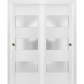 Closet Frosted Glass 3 Lites Bypass Doors 56 x 96, Lucia 4070 White Silk, Kit