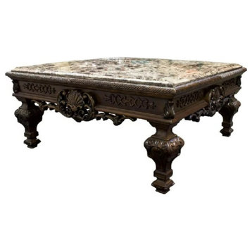 Traditional Coffee Table, Carved Cherry Legs With Elegant Square Marble Top