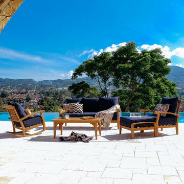 Caterina Teak Wood 5 Piece Patio Conversation Set with Navy Cushion