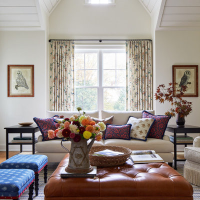 Large country open concept medium tone wood floor and shiplap ceiling living room photo in Boston with white walls, a standard fireplace, a stone fireplace and a media wall