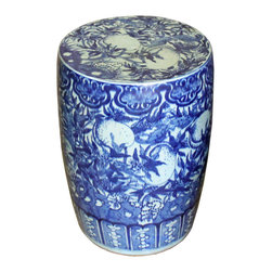 Chinese Round Peach Flower Blue White Porcelain Stool Table - Accent And Garden Stools