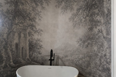 Inspiration for a large contemporary master gray tile and ceramic tile ceramic tile and double-sink bathroom remodel in Oklahoma City with shaker cabinets, black cabinets, beige walls, an undermount sink, quartzite countertops, white countertops, a niche and a built-in vanity