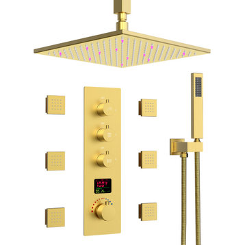 Digital Shower System LED 12" Rain Shower Head with 4-Way Thermostatic Faucet, Brushed Gold