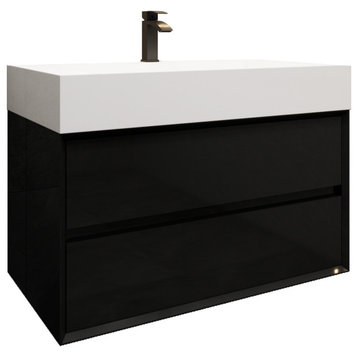 MAX 36" Floating Bath Vanity With Acrylic Sink, Gloss Black