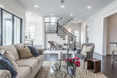 Living room - mid-sized transitional formal and open concept dark wood floor living room idea in Houston with white walls, a standard fireplace and a stone fireplace