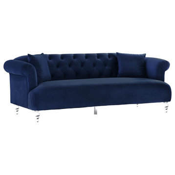 Armen Living Elegance Tufted Contemporary Velvet & Acrylic Sofa in Blue