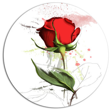 Red Rose Hand-Drawn Illustration, Floral Round Metal Wall Art, 36"