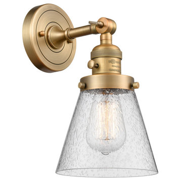 Small Cone 1-Light Sconce, Brushed Brass, Glass: Seedy